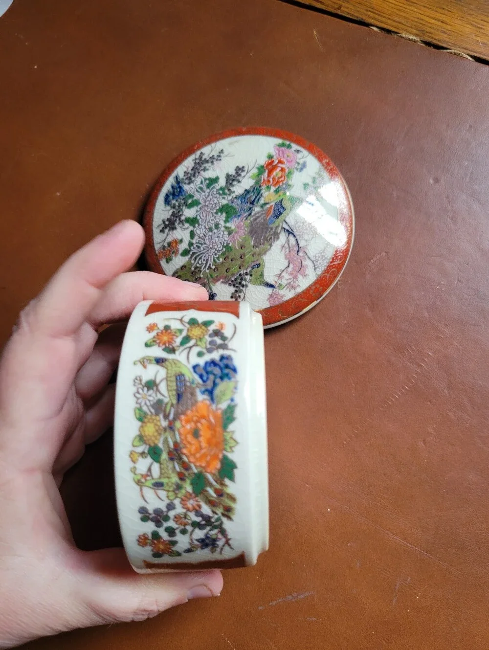 Vintage Japanese Satsuma Trinket Box Peacock Red Gold 3 3/4 in. diameter